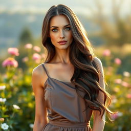 An exquisite Russian woman, aged 35 to 45, radiating beauty and elegance