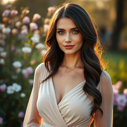 An exquisite Russian woman, aged 35 to 45, radiating beauty and elegance