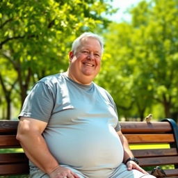 A white, overweight man with short hair, wearing a casual t-shirt and shorts