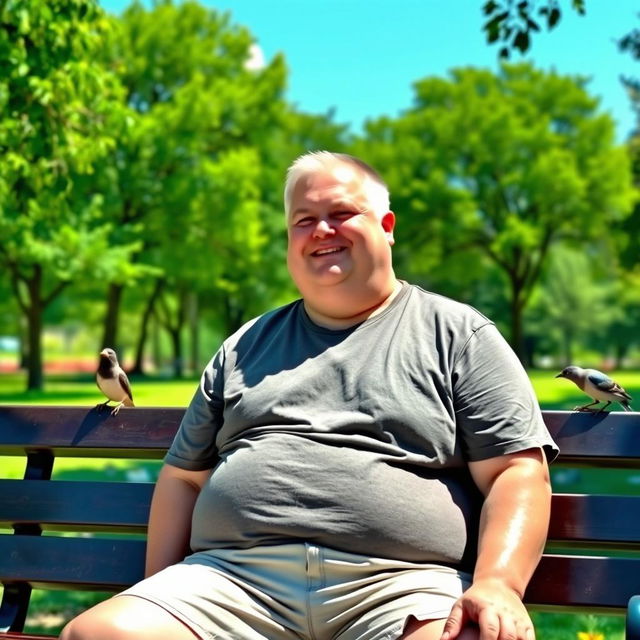 A white, overweight man with short hair, wearing a casual t-shirt and shorts