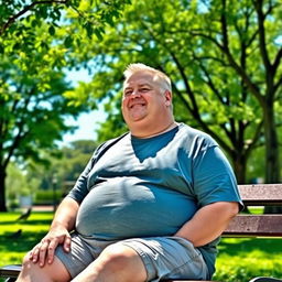 A white, overweight man with short hair, wearing a casual t-shirt and shorts