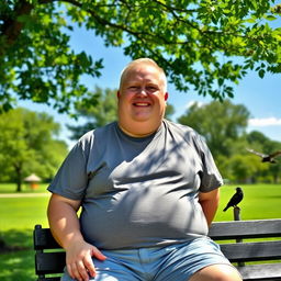 A white, overweight man with short hair, wearing a casual t-shirt and shorts