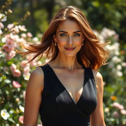 A stunning Russian beauty, aged 35 to 45, with flowing chestnut hair and striking blue eyes