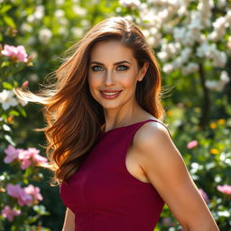 A stunning Russian beauty, aged 35 to 45, with flowing chestnut hair and striking blue eyes