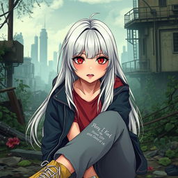 A pretty and cute 16-year-old girl with long white hair and striking red eyes, sitting in a casual and relaxed pose