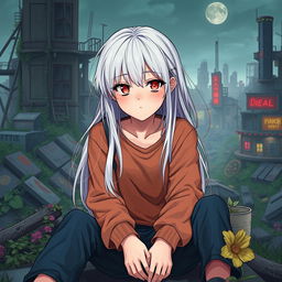 A pretty and cute 16-year-old girl with long white hair and striking red eyes, sitting in a casual and relaxed pose