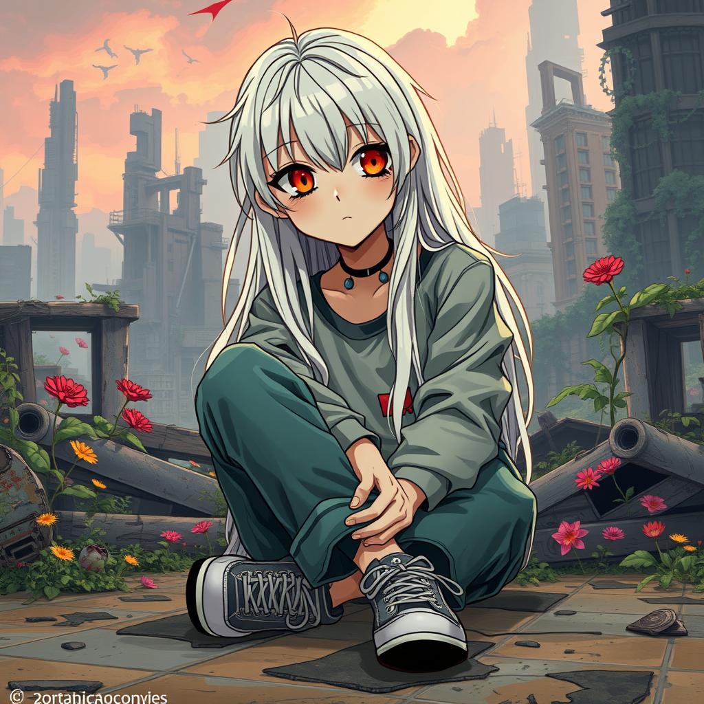 A pretty and cute 16-year-old girl with long white hair and striking red eyes, sitting in a casual and relaxed pose