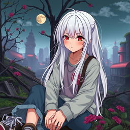 A pretty and cute 16-year-old girl with long white hair and striking red eyes, sitting in a casual and relaxed pose
