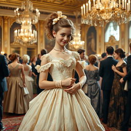 A 19th century high-society girl elegantly dressed in a beautiful ball gown adorned with lace and delicate embroidery