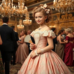 A 19th century high-society girl elegantly dressed in a beautiful ball gown adorned with lace and delicate embroidery