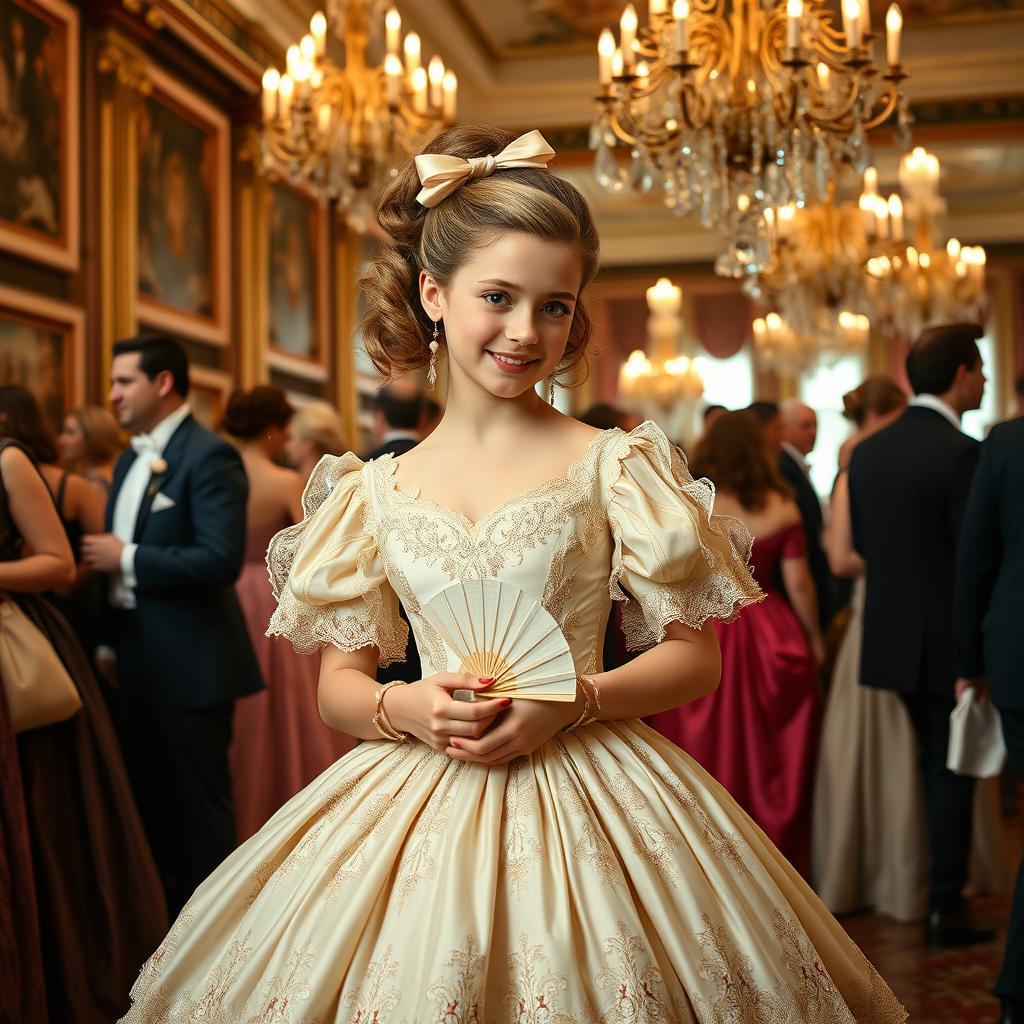 A 19th century high-society girl elegantly dressed in a beautiful ball gown adorned with lace and delicate embroidery