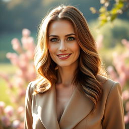 A stunning Russian beauty, aged 35 to 45, with radiant skin and wavy chestnut brown hair that falls elegantly around her shoulders