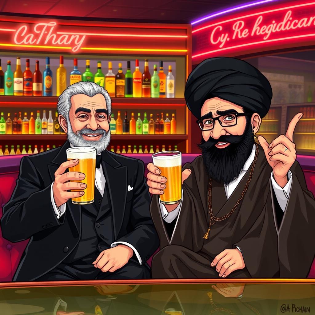 A surreal and imaginative illustration of the Shah of Iran and Ayatollah Khomeini sitting side by side at a stylish, contemporary bar