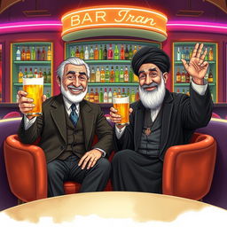 A surreal and imaginative illustration of the Shah of Iran and Ayatollah Khomeini sitting side by side at a stylish, contemporary bar