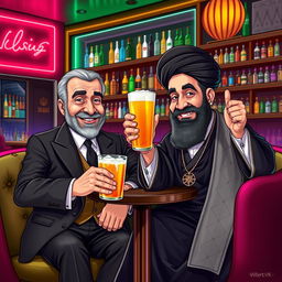 A surreal and imaginative illustration of the Shah of Iran and Ayatollah Khomeini sitting side by side at a stylish, contemporary bar