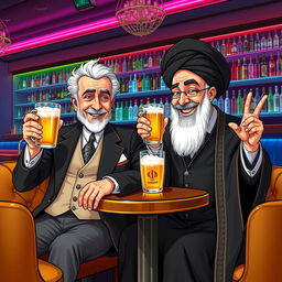 A surreal and imaginative illustration of the Shah of Iran and Ayatollah Khomeini sitting side by side at a stylish, contemporary bar