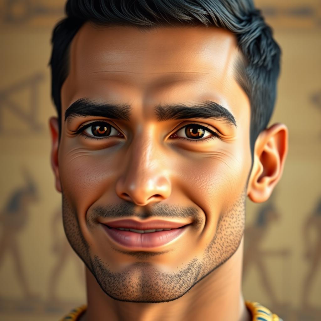 A hyper-realistic portrait of a clean-shaven Egyptian man, showcasing his distinct facial features such as high cheekbones, dark brown almond-shaped eyes, and a strong jawline