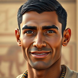 A hyper-realistic portrait of a clean-shaven Egyptian man, showcasing his distinct facial features such as high cheekbones, dark brown almond-shaped eyes, and a strong jawline