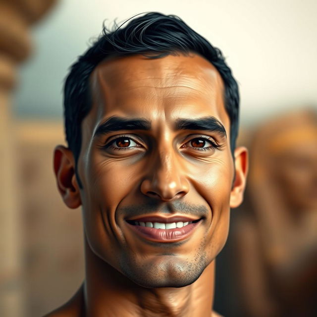 A hyper-realistic portrait of a clean-shaven Egyptian man, showcasing his distinct facial features such as high cheekbones, dark brown almond-shaped eyes, and a strong jawline