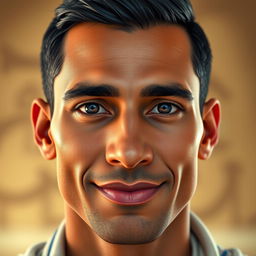 A hyper-realistic portrait of a clean-shaven Egyptian man, showcasing his distinct facial features such as high cheekbones, dark brown almond-shaped eyes, and a strong jawline
