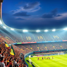 A vibrant and dynamic scene of a football stadium filled with excited fans
