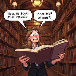 A whimsical scene of a woman animatedly expressing her dislike for a book in a grand library setting