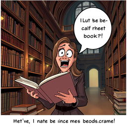 A whimsical scene of a woman animatedly expressing her dislike for a book in a grand library setting