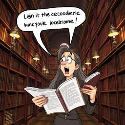 A whimsical scene of a woman animatedly expressing her dislike for a book in a grand library setting