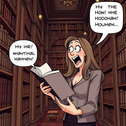 A whimsical scene of a woman animatedly expressing her dislike for a book in a grand library setting