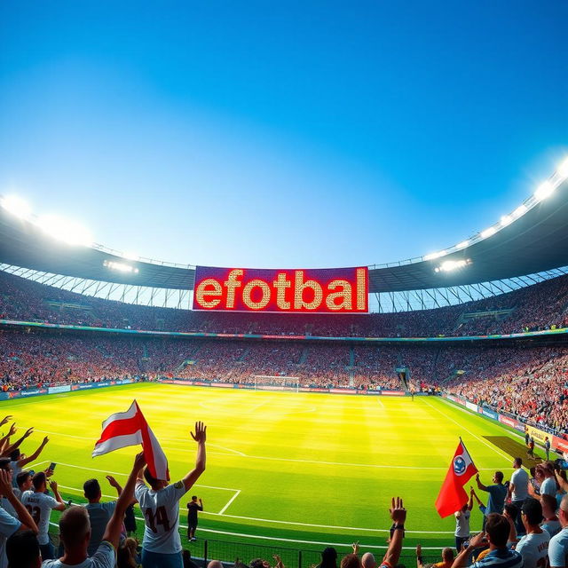 A vibrant and detailed image of a large football stadium filled with cheering fans, capturing the excitement of a live match