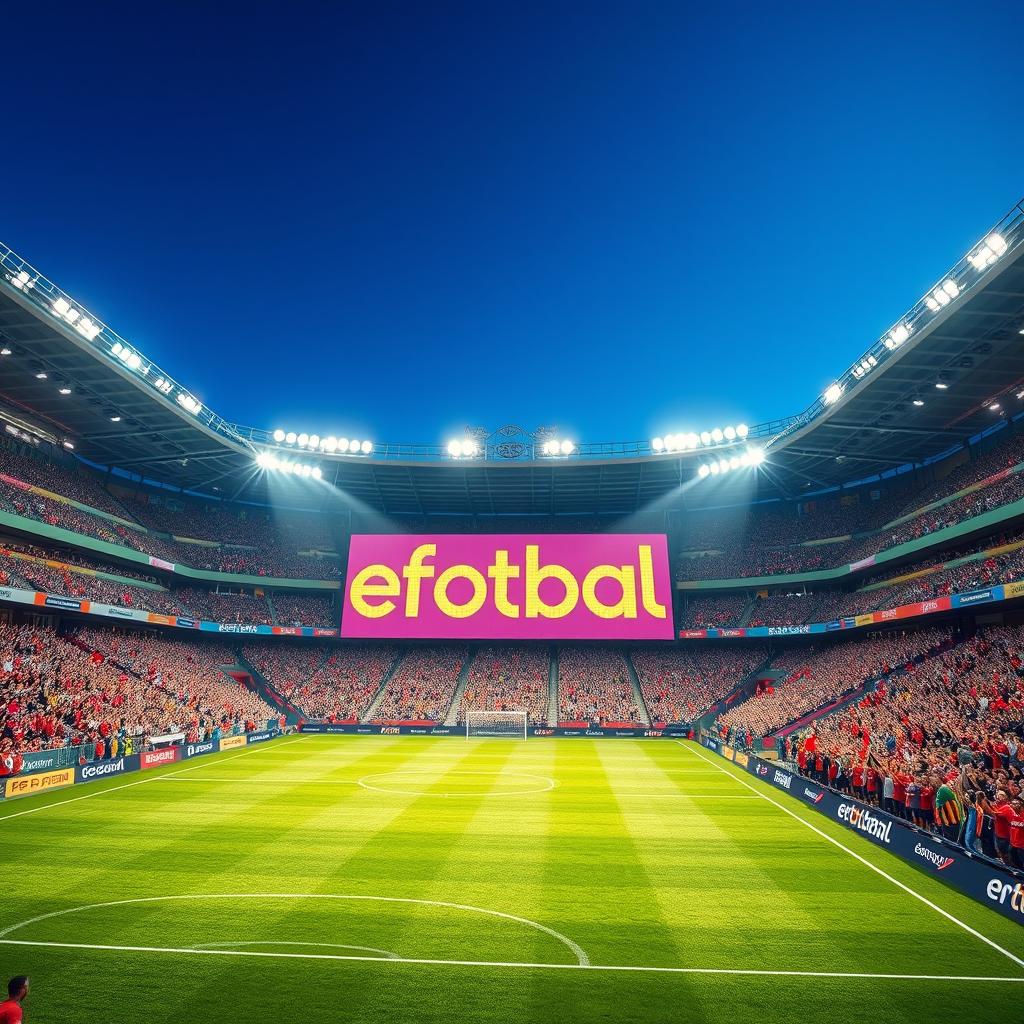 A vibrant and detailed image of a large football stadium filled with cheering fans, capturing the excitement of a live match