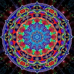 A beautifully intricate mandala design featuring numerological elements, showcasing a harmonious blend of geometric patterns, sacred numbers, and vibrant colors