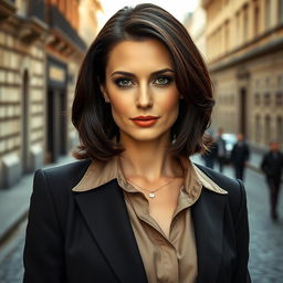 A stunning Russian woman, aged 35 to 45, exuding confidence and allure