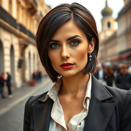 A stunning Russian woman, aged 35 to 45, exuding confidence and allure