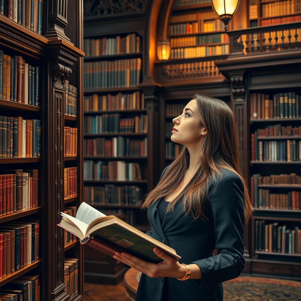 A woman standing in a beautifully designed library, holding an open book in one hand while looking thoughtfully at a tall bookshelf filled with various books