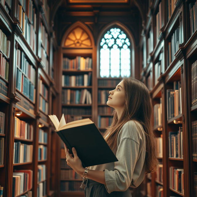 A woman standing in a beautifully designed library, holding an open book in one hand while looking thoughtfully at a tall bookshelf filled with various books