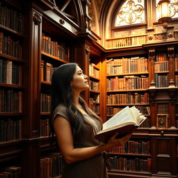 A woman standing in a beautifully designed library, holding an open book in one hand while looking thoughtfully at a tall bookshelf filled with various books