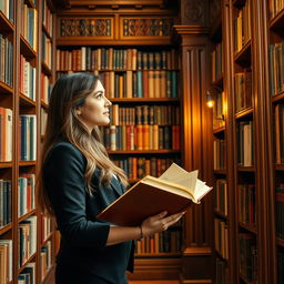 A woman standing in a beautifully designed library, holding an open book in one hand while looking thoughtfully at a tall bookshelf filled with various books