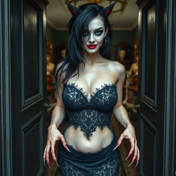 A full-length photographic image of a beautiful, stunning 19-year-old woman with pale skin and thick black hair