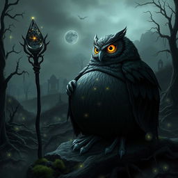 A dark, mysterious forest landscape infused with celestial energy, featuring a very obese Owlin druid in the foreground