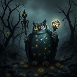 A dark, mysterious forest landscape infused with celestial energy, featuring a very obese Owlin druid in the foreground
