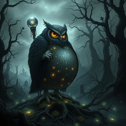 A dark, mysterious forest landscape infused with celestial energy, featuring a very obese Owlin druid in the foreground