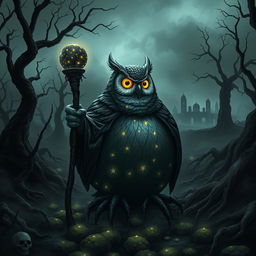 A dark, mysterious forest landscape infused with celestial energy, featuring a very obese Owlin druid in the foreground