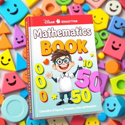 A vibrant and playful book cover for a mathematics book aimed at children, featuring a 3D Pixar-style design