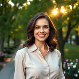 A stunning Russian woman, aged 35 to 45, showcasing both beauty and elegance