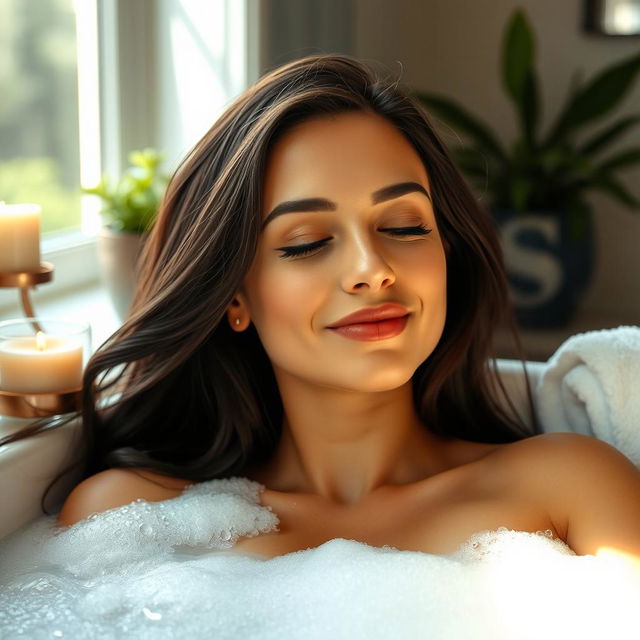 A stunning portrait of a beautiful woman taking a relaxing bath, filled with bubbles and surrounded by elegant decor