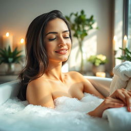 A stunning portrait of a beautiful woman taking a relaxing bath, filled with bubbles and surrounded by elegant decor