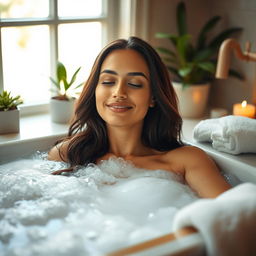A stunning portrait of a beautiful woman taking a relaxing bath, filled with bubbles and surrounded by elegant decor