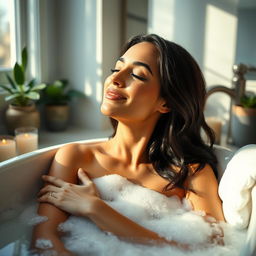 A stunning portrait of a beautiful woman taking a relaxing bath, filled with bubbles and surrounded by elegant decor