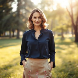 An elegant Russian woman, aged 35 to 45, radiating beauty and sophistication